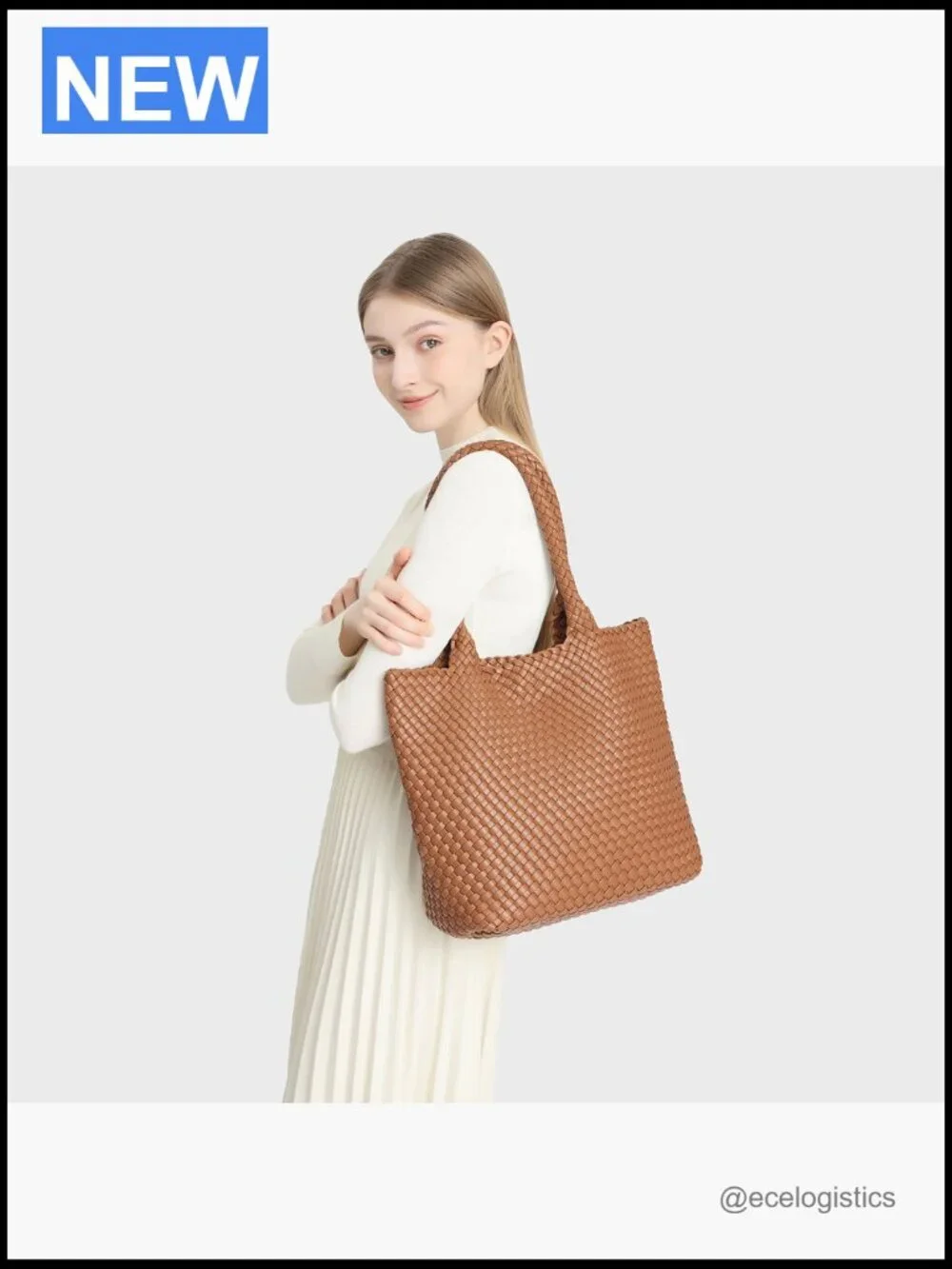 Hand-Woven Vegan Leather Tote Satchel with Pouch Fits 14